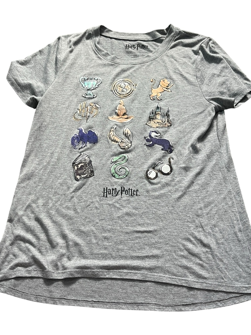 Harry Potter Womens Grey Crew Neck Graphic Tee Animated Graphic Size Large
